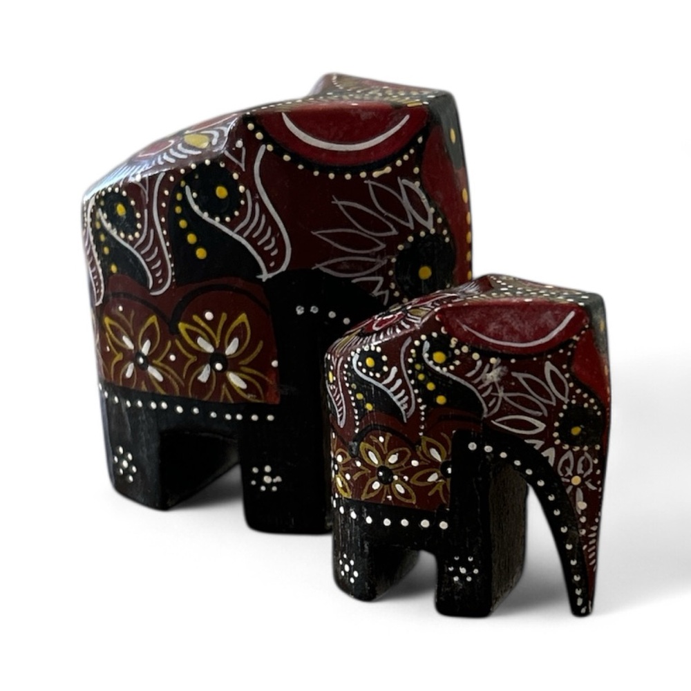 Vintage Hand Carved Wooden Bohemian Folk Art Wood Elephant Mom & Baby Figurines